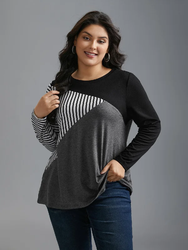 women's tops for those who want to stay warm and stylish during colder weatherCrew Neck Striped Color Contrast Patchwork Top