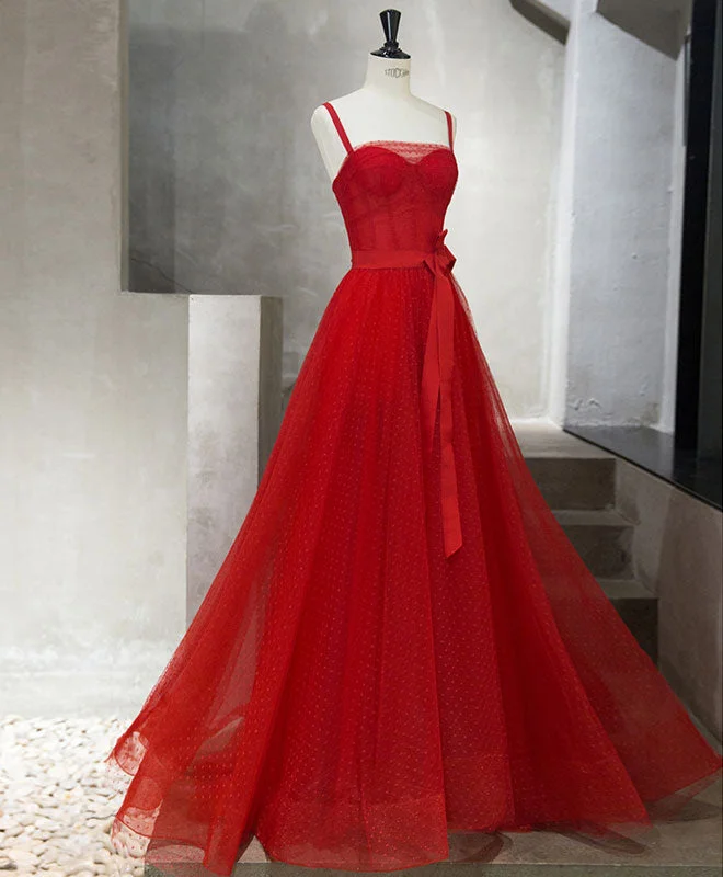 Button-Down DressRed Tulle Long Prom Dress, Red Tulle Evening Dress