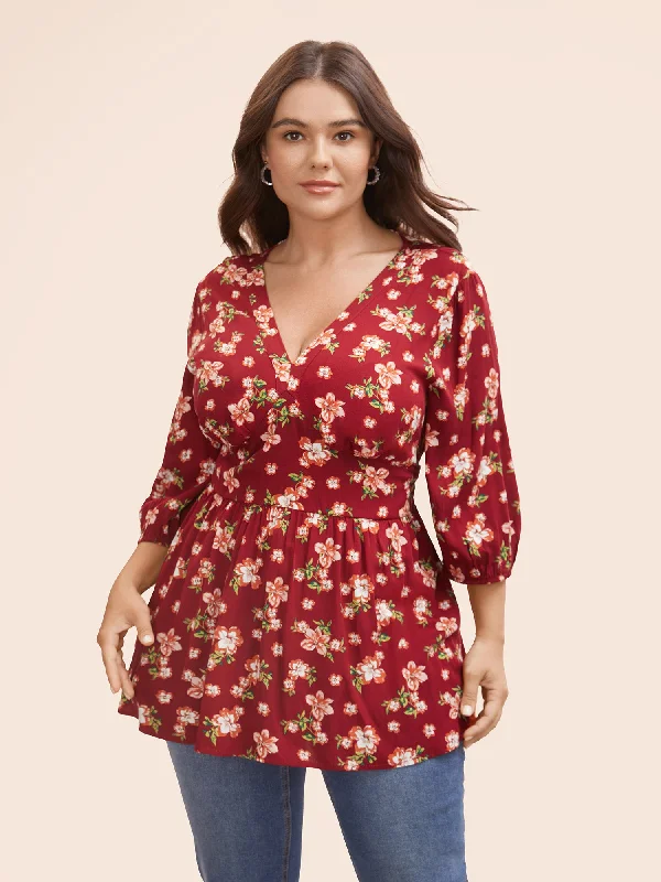 women's tops with spaghetti straps and deep V-necksFloral Shirred Lantern Sleeve Blouse