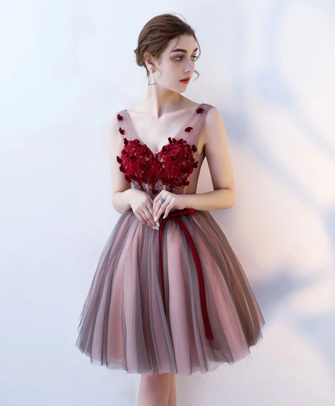 women's maximalist dressesBurgundy V Neck Tulle Short Prom Dress, Tulle Evening Dress