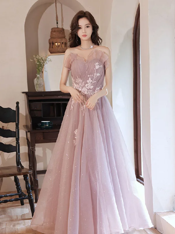 women's halter dressesPink A line Tulle Lace Applique Long Prom Dress, Pink Evening Dresses