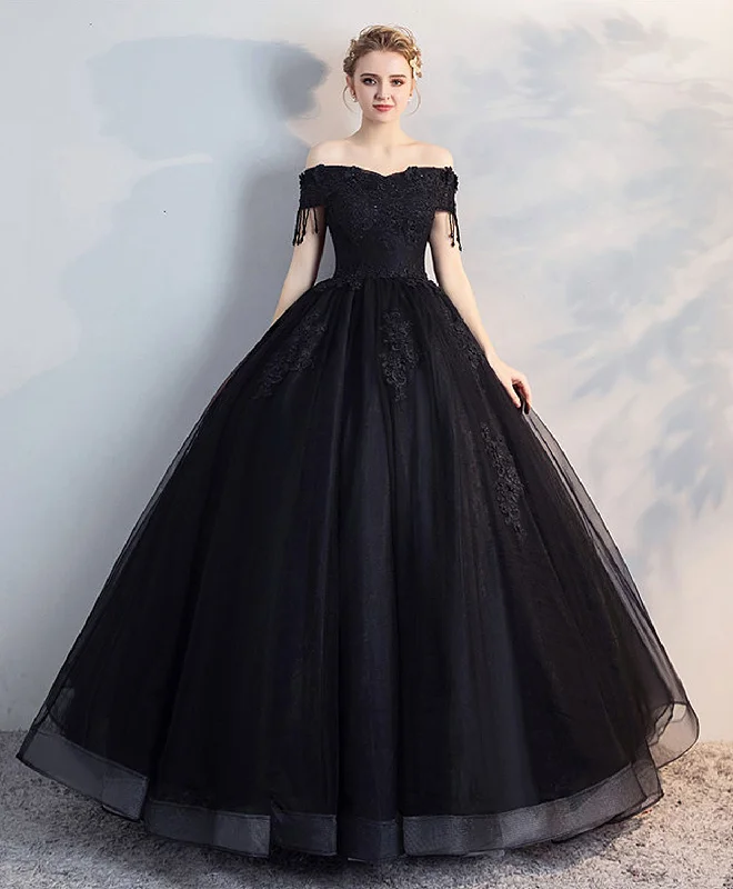 women's stretchy dressesBlack Off Shoulder Lace Tulle Long Prom Dress, Black Evening Dress