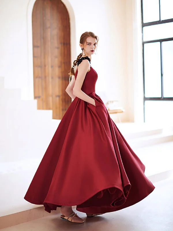 women's silk dressesSimple Burgundy Satin Long Prom Dress, Burgundy Evening Dresses