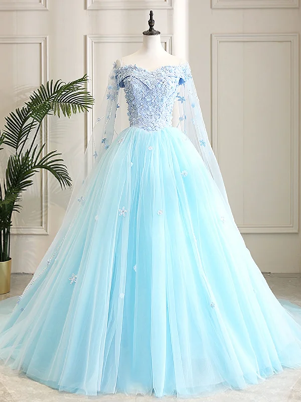 women's travel dressesBlue Sweetheart Neck Tulle Lace Long Prom Dress, Blue Evening Dress