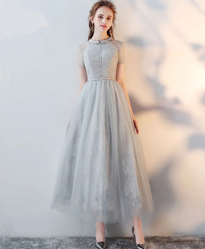 women's cinched-waist dressesGray High Neck Tulle Lace Prom Dress Tulle Lace Evening Dress