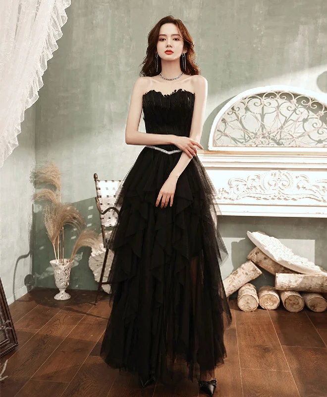 Casual Chic DressBlack Aline Tulle Long Prom Dress, Black Formal Evening Dress with Feather