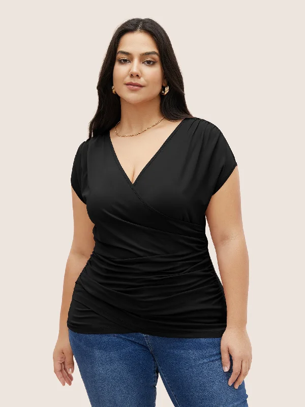 women's tops that offer a perfect blend of style, comfort, and affordabilityPlain Ruched Overlap Collar Dolman Sleeve Knit Top