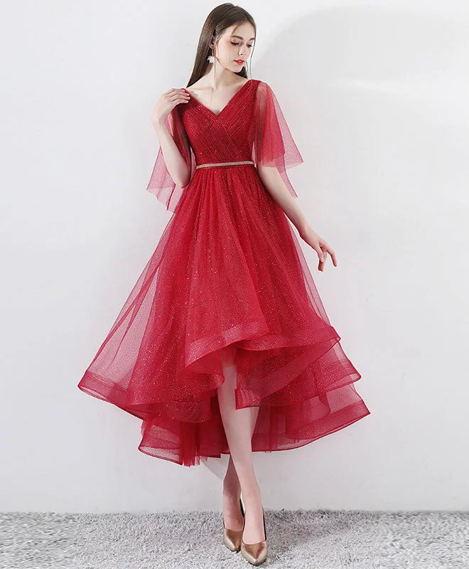 women's cinched-waist dressesBurgundy Tulle High Low Prom Dress, Burgundy Tulle Evening Dress