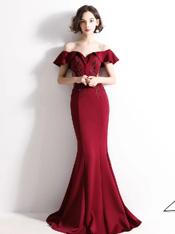 Designer DressBurgundy Off Shoulder Satin Lace Long Prom Dress, Burgundy Evening Dresses