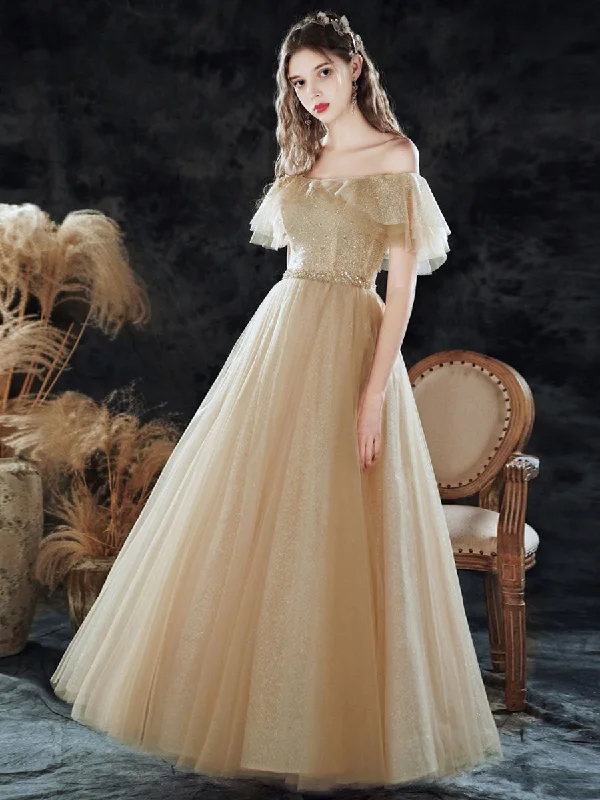 Nursing DressSimple Champagne Tulle Sequin Long Prom Dress, A Line Tulle Evening Dress