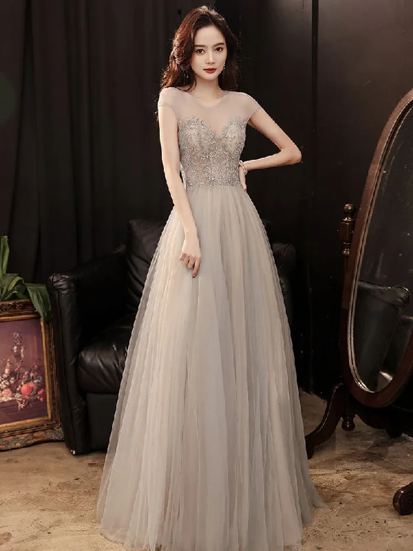 Wedding DressChampagne Round Neck Tulle Beads Long Prom Dress, Champagne Evening Dress