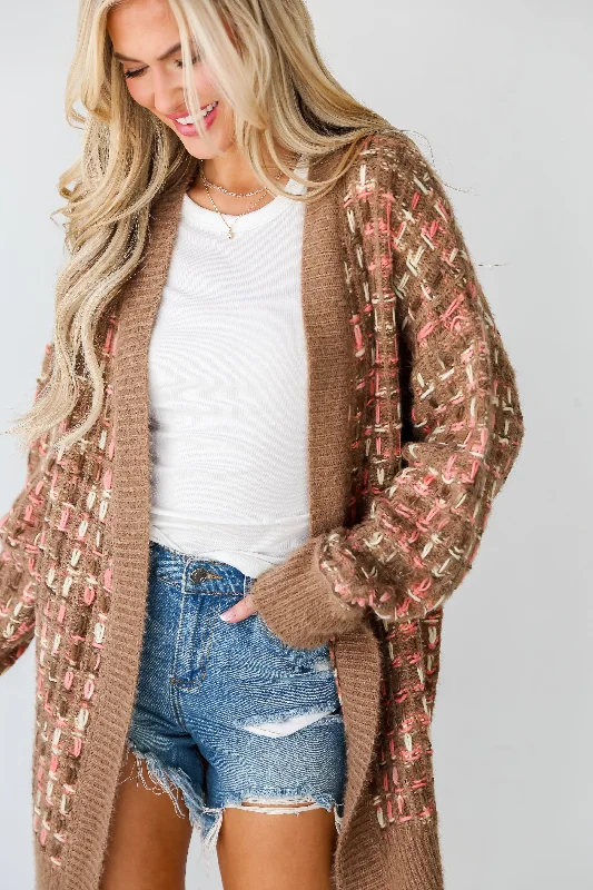 women's tops for those who want to add a touch of elegance and sophistication to their everyday wearFINAL SALE - Cuddly Instinct Mocha Plaid Stitch Cardigan