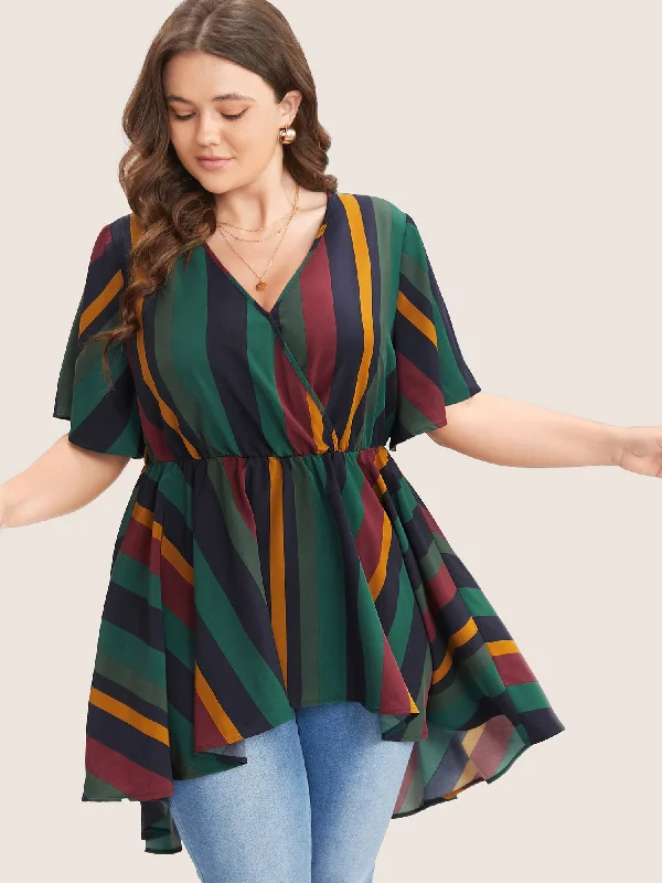 women's tops for those who want to make a bold fashion statement with their choice of topsStriped Contrast Wrap Ruffles High Low Hem Blouse