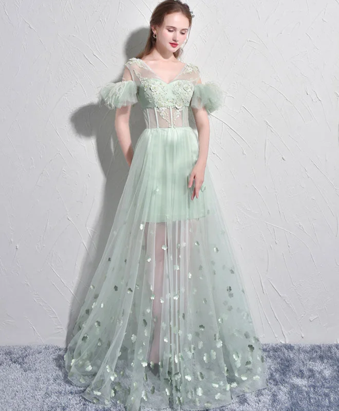 Knit DressUnique Green Tulle V Neck Long Prom Dress, Green Evening Dress