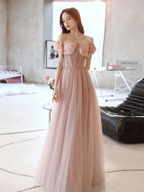 Fit-And-Flare DressPink Sweetheart Neck Tulle Beads Long Prom Dress, Pink Evening Dress