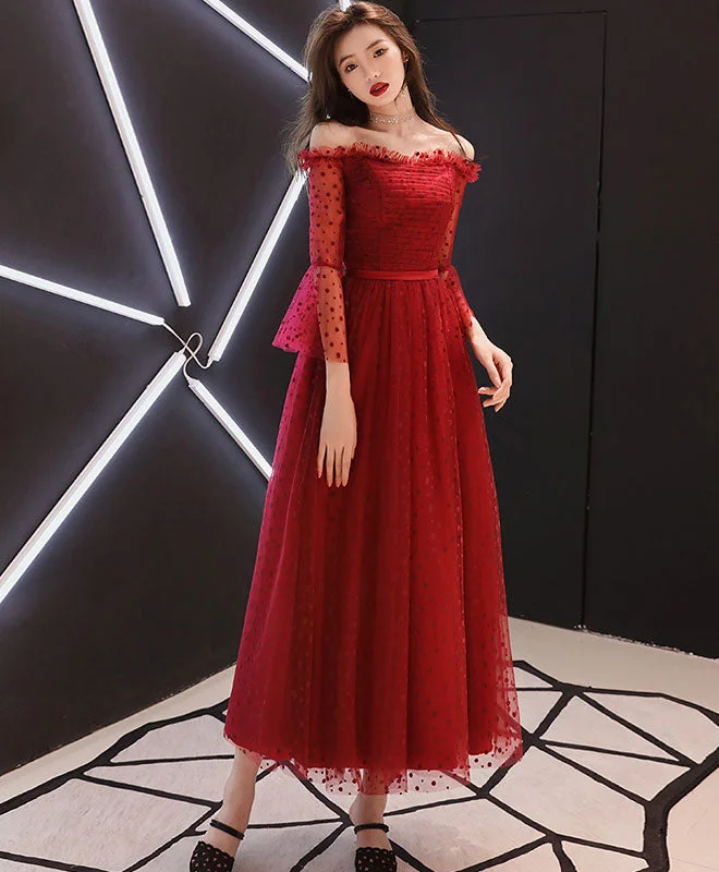 Bell-Sleeve DressBurgundy Tulle Lace Tea Length Prom Dress, Burgundy Evening Dress