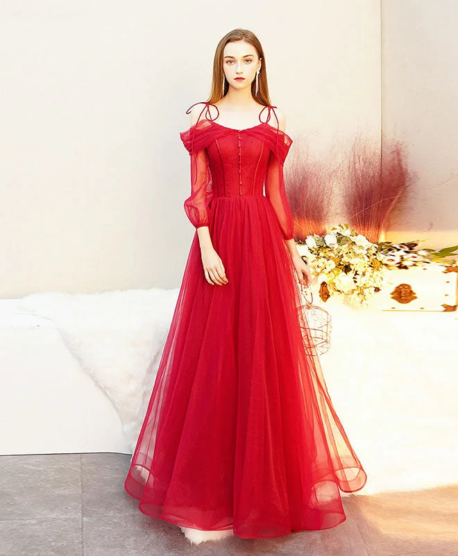 Wrap DressRed Tulle Long Prom Dress, Tulle Red Evening Dress