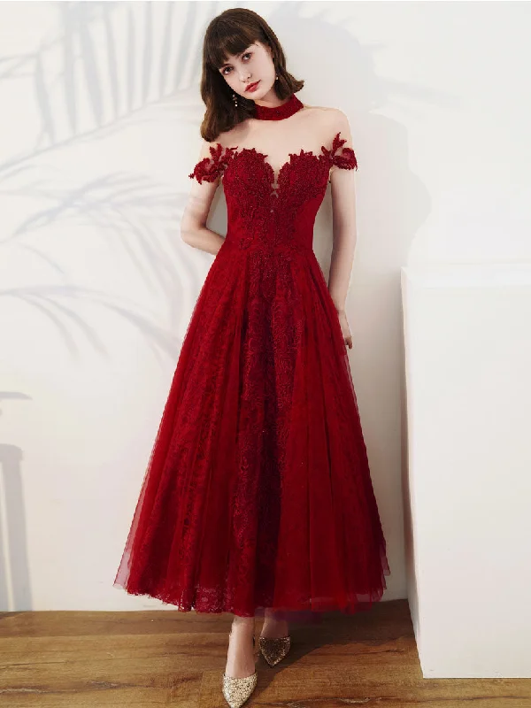 Backless DressBurgundy Tulle Lace Tea Length Prom Dress, Burgundy Evening Dress