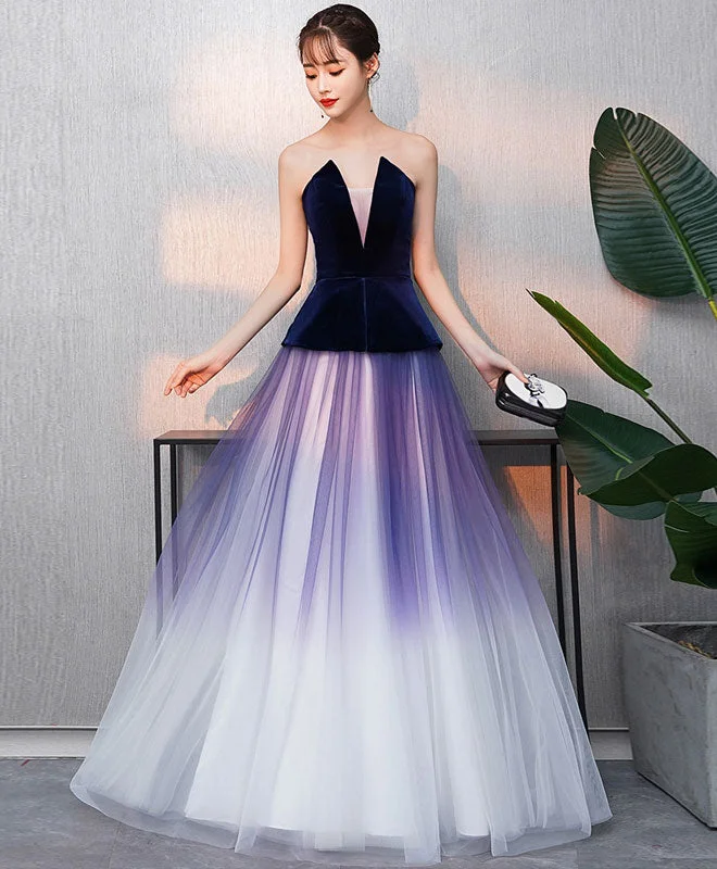 women's vintage dressesSimple V Neck Tulle Purple Long Prom Dress, Purple Evening Dress