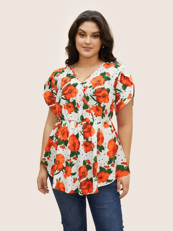 women's tops for those who want to stay updated with the latest fashion trendsOverlap Collar Floral Elastic Waist Petal Sleeve Blouse