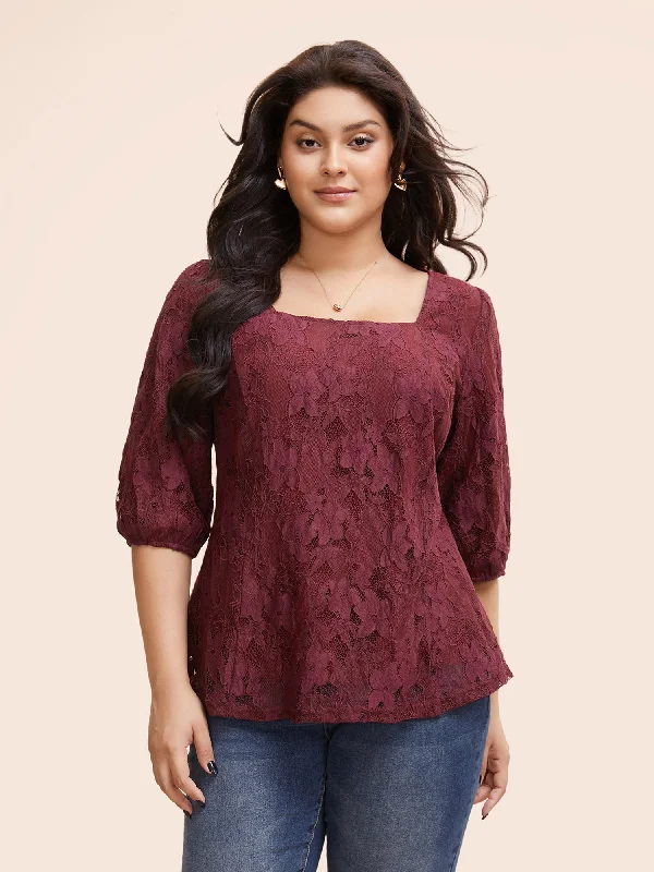 women's tops for those who want to create outfits that are both unique and memorableSquare Neck Lace Panel Lantern Sleeve Blouse