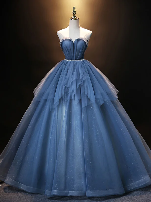 women's apple-shaped body dressesBlue Sweetheart Neck Tulle Long Prom Dress Blue evening dress