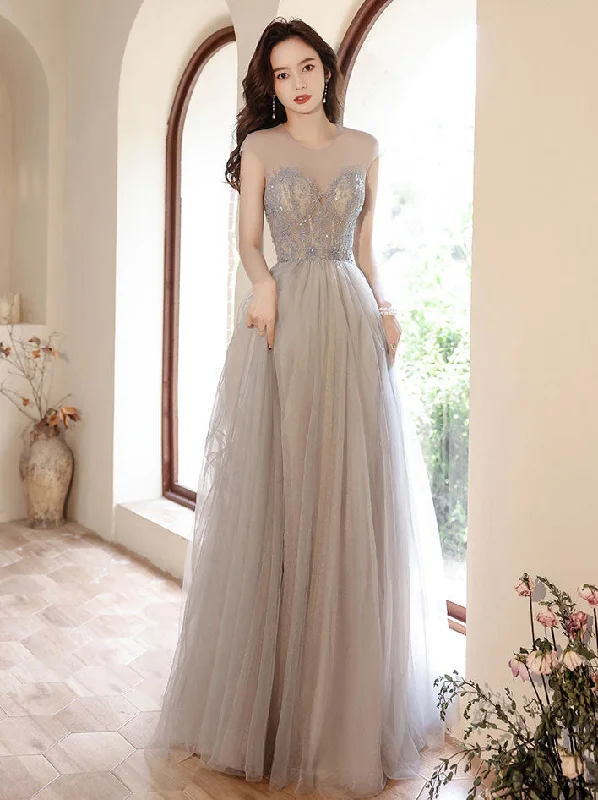 Tea-Length DressGray Round Neck Tulle Beads Long Prom Dress, Gray Evening Dress