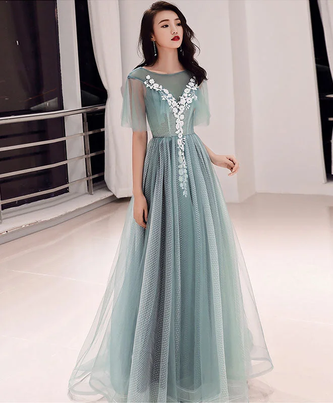 women's trendy dressesGreen Round Neck Tulle Lace Long Prom Dress, Green Evening Dress