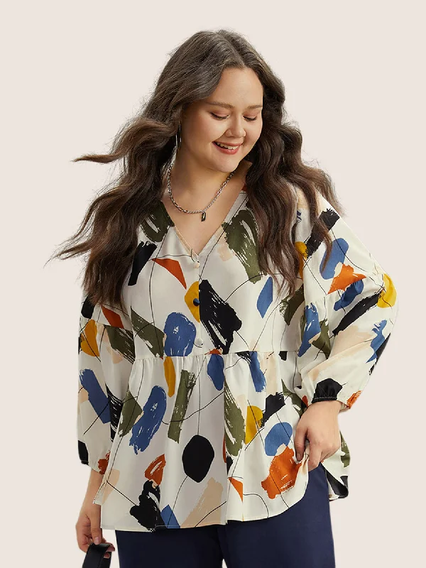 women's tops for those who want to stay cool and chic during warmer weatherBrush Print Button Detail Elastic Cuffs Blouse