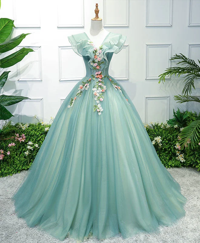 Short-Sleeve DressGreen V Neck Tulle Long Prom Dress, Green Evening Dress