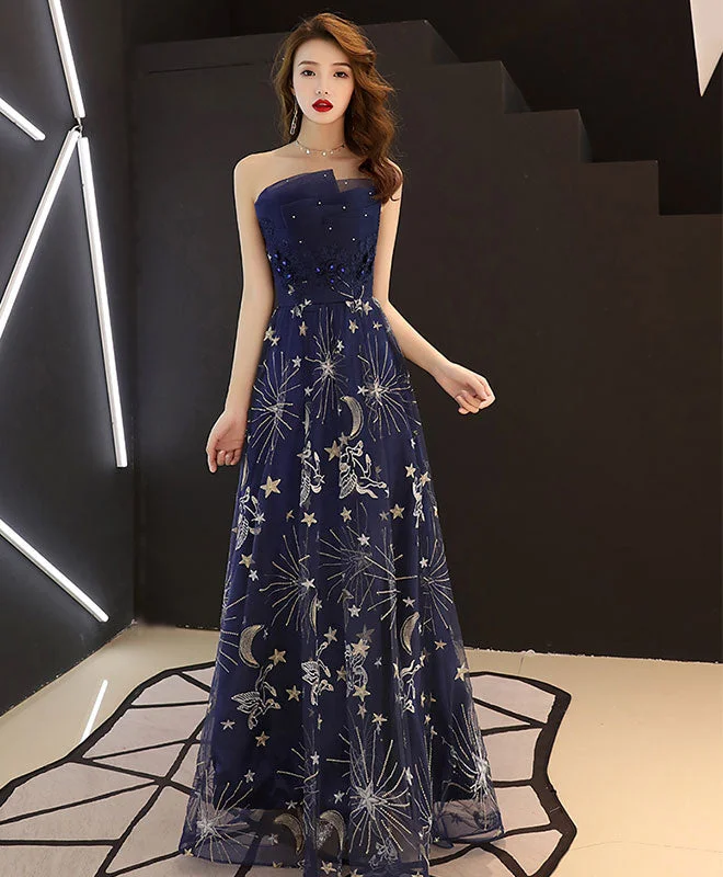 women's limited-edition dressesDark Blue Tulle Lace Long Prom Dress, Blue Evening Dress