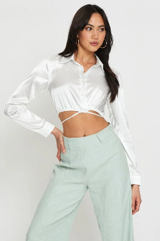 women's tops for those who want to wear pieces that are both comfortable and stylishWhite Wrap Blouse Long Sleeve Collared Satin