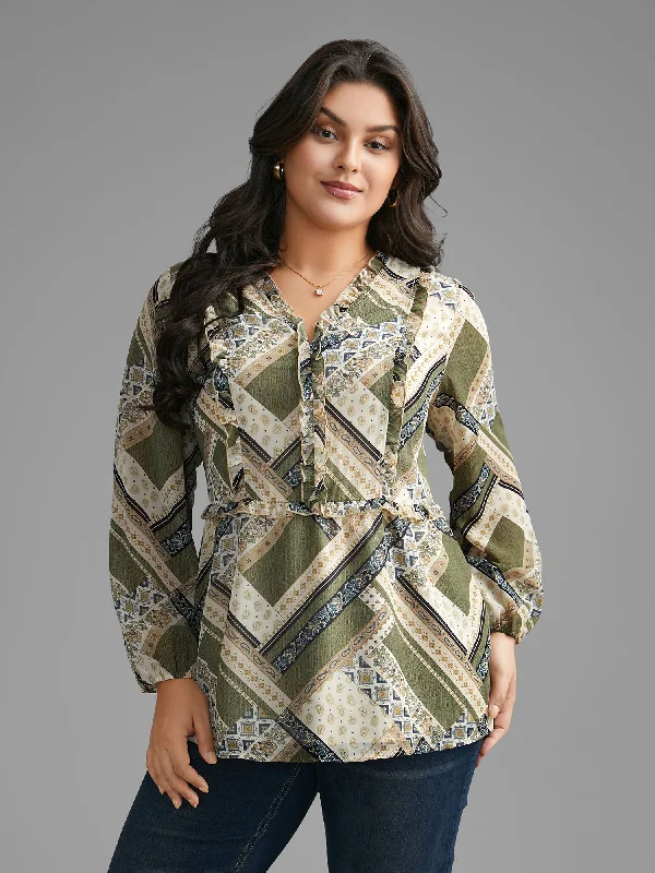 cropped women's topsBandana Print V Neck Ruffle Trim Blouse