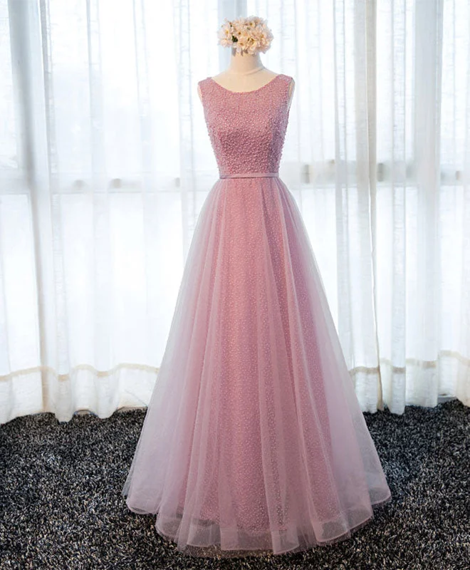 Laced DressA Line Round Neck Tulle Long Prom Dress, Lace Evening Dress