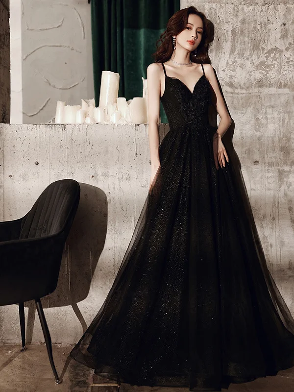 Maternity DressBlack V Neck Tulle Lace Long Prom Dress Black Evening Dress