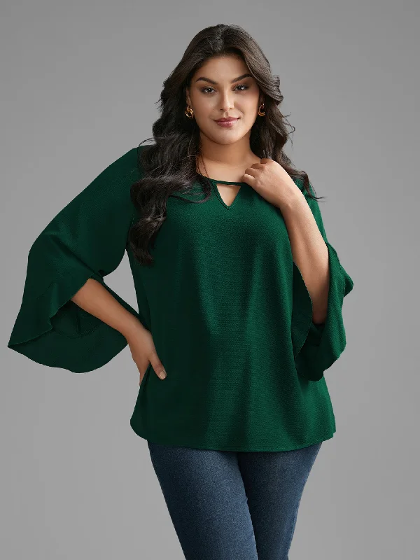 women's tops with cold-shoulder cuts and lace detailingSolid Keyhole Ruffle Sleeve Blouse