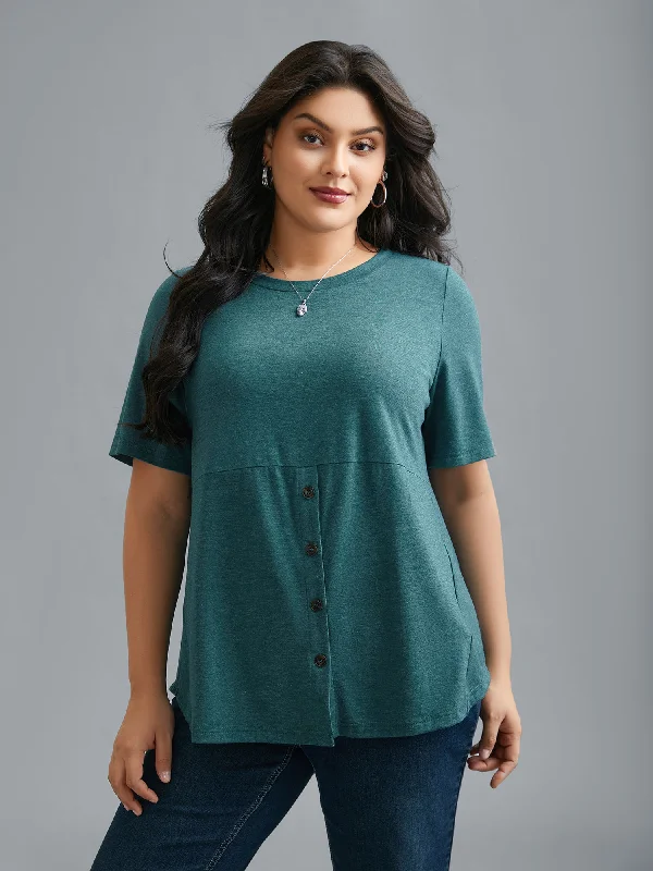 three-quarter sleeve women's topsCrew Neck Front Placket Button Top