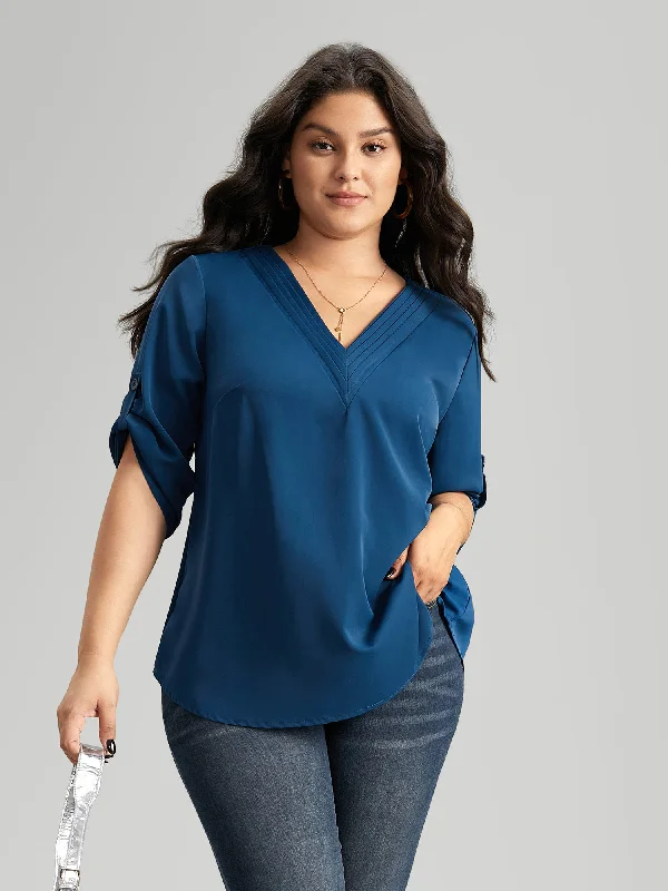 women's tops for those who want to make a fashion statementV Neck Plain Pleated Tab Sleeve Blouse