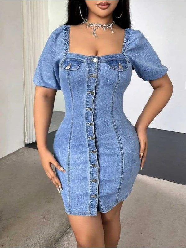 women's vintage dressesDenim Square Neck Button Up Mini Dress