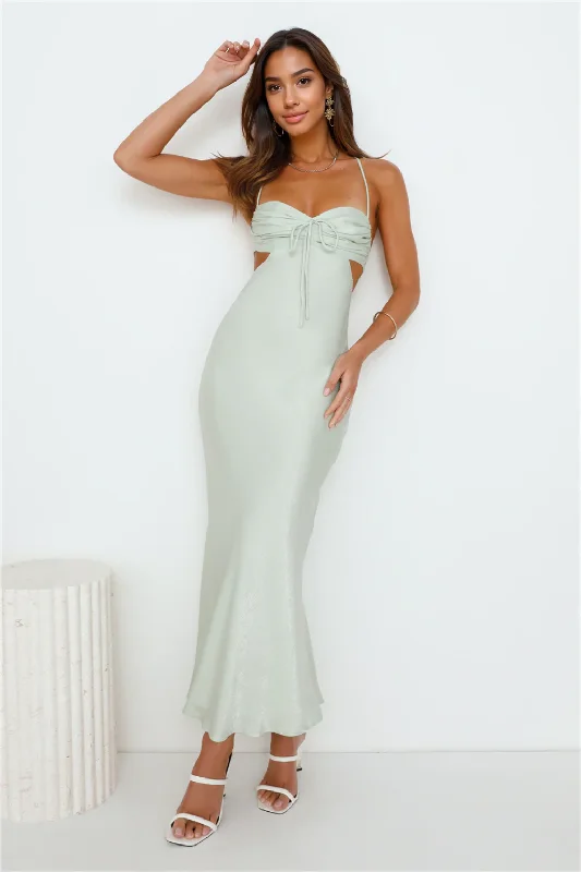 women's off-the-shoulder dressesMagic In Her Vibe Satin Maxi Dress Sage