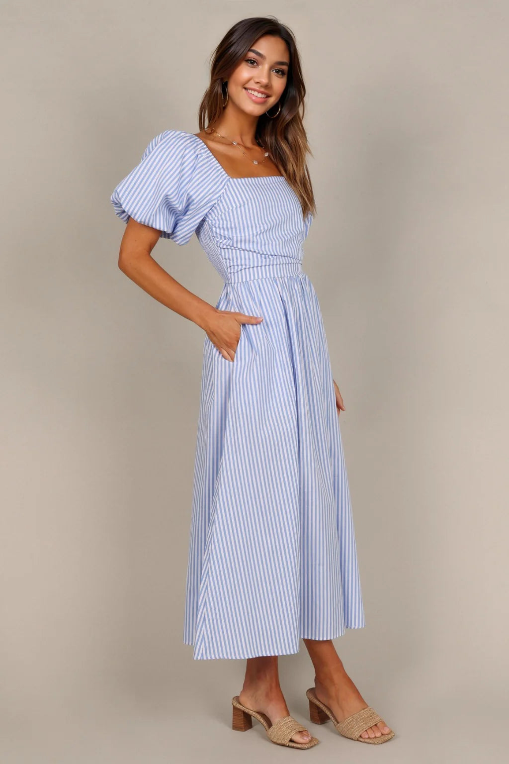 Flowy DressClo Puff Sleeve Maxi Dress - Blue Stripe