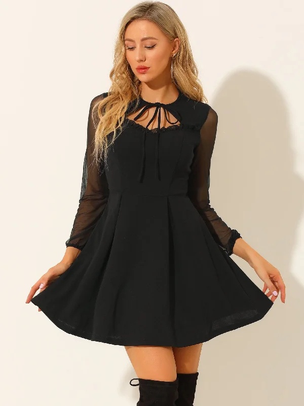 women's eco-friendly dressesRetro Tie Neck Sweetheart A-Line Gothic Mesh Sleeve Mini Dress