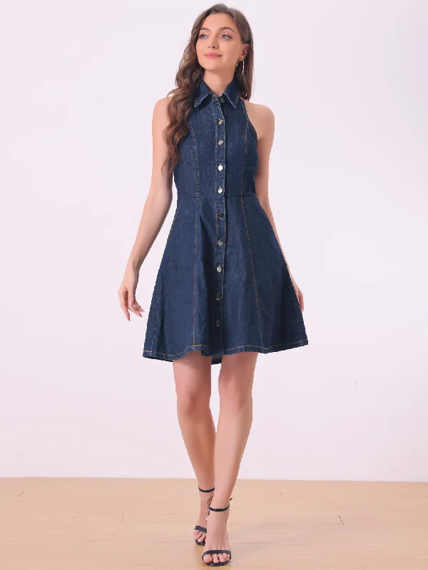 Tall Women DressDenim Halter Neck Button Down Backless A-Line Mini Shirt Dress