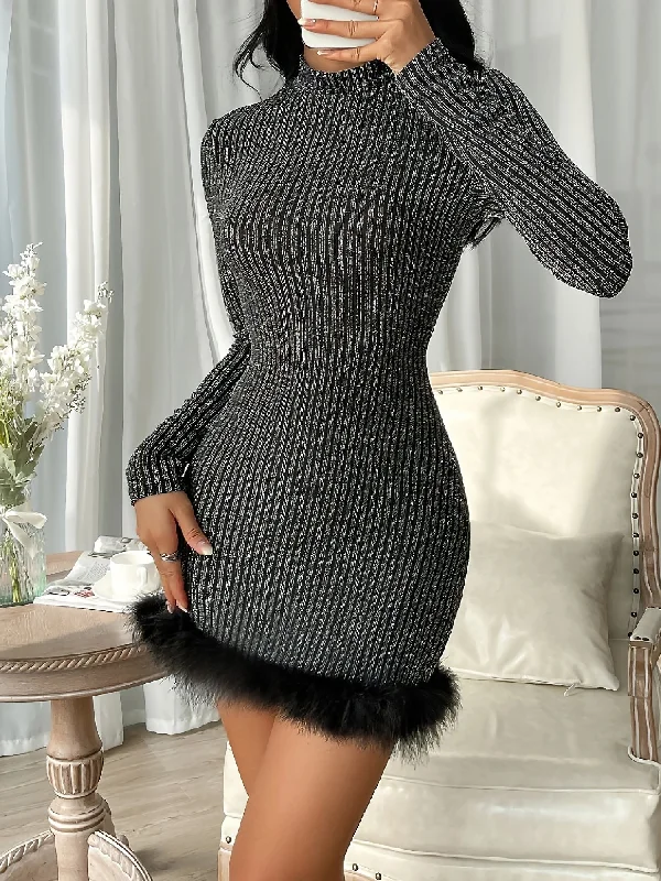 Flutter-Sleeve DressFaux Fur Patchwork Mock Neck Bodycon Mini Sweater Dress