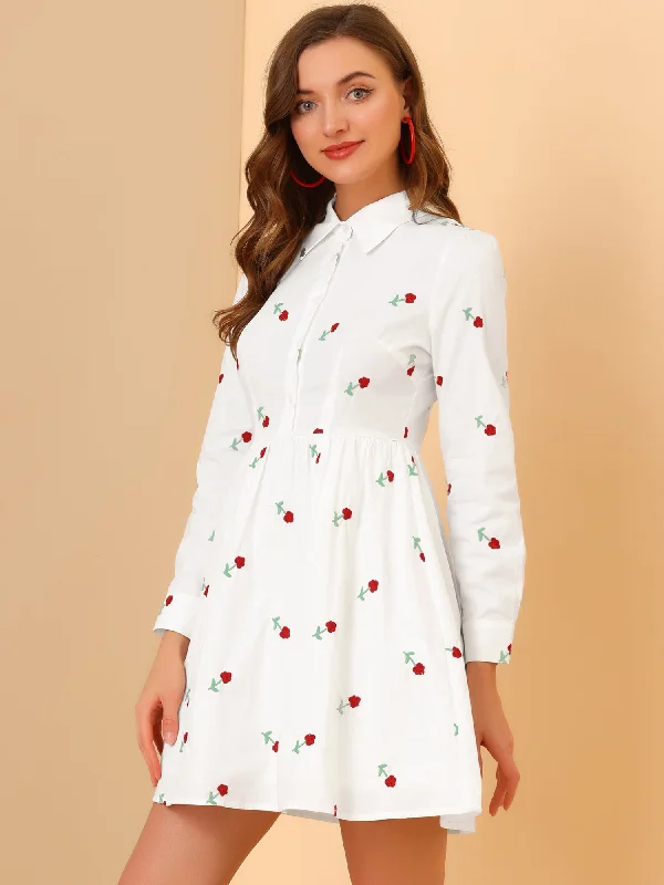 women's travel dressesCasual Long Sleeve Half Placket Embroidered Floral Mini Shirt Dress