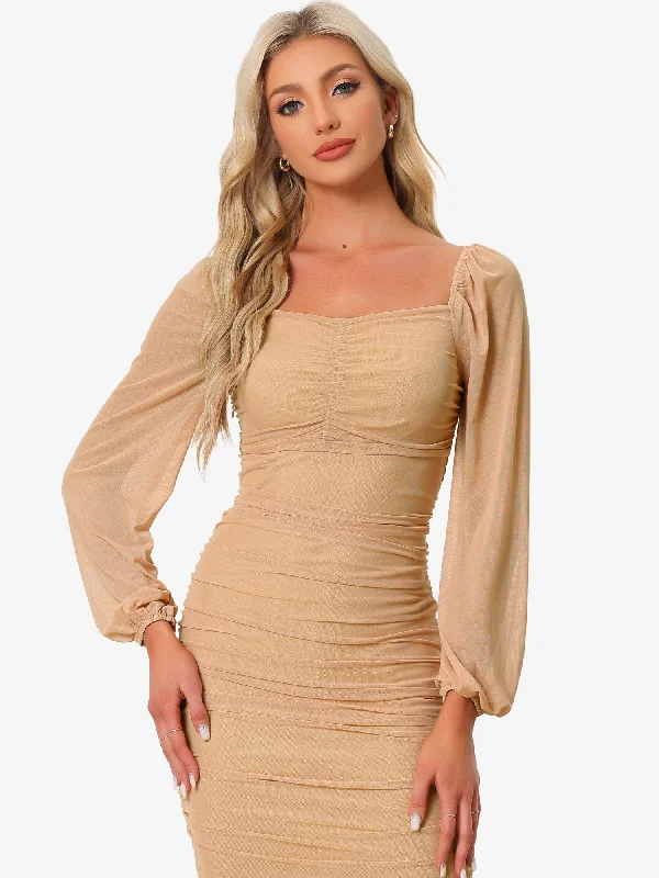 Off-The-Shoulder DressBodycon Long Puff Sleeve Mini Mesh Ruched Solid Lace Up Party Dress