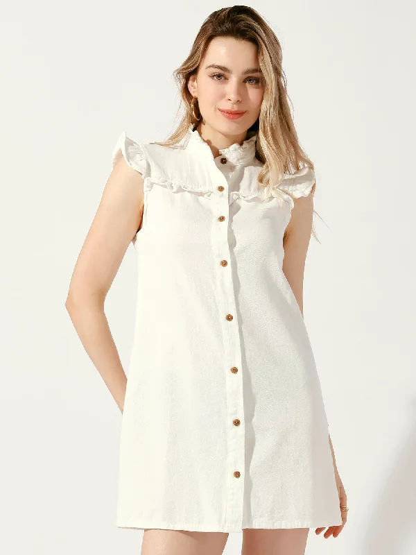 women's cinched-waist dressesDenim Button Down Ruffle Sleeveless Summer Mini Jean Dress