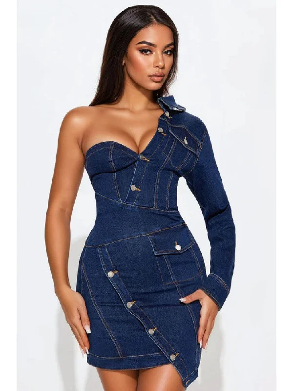 A-Line DressDenim One Shoulder Lapel Mini Dress