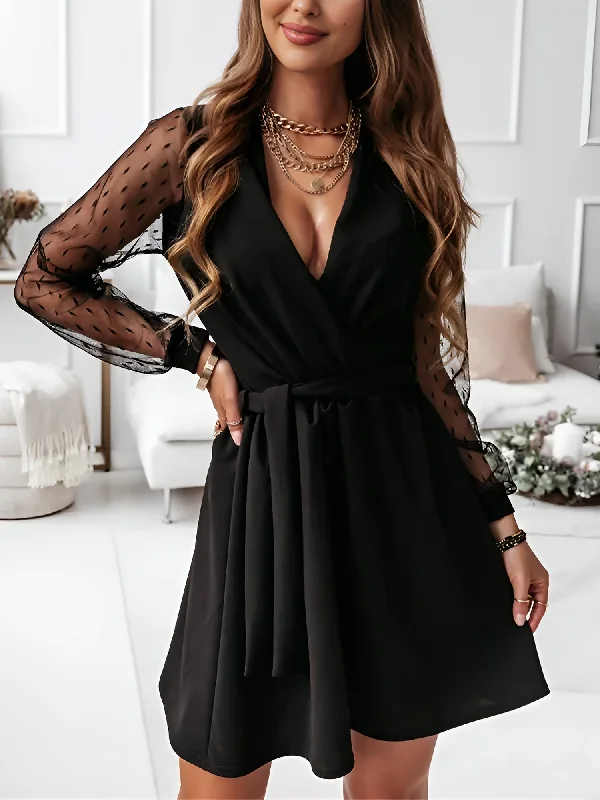 women's wedding guest dressesLace Long Sleeves Patchwork A-Line Belted Mini Dress