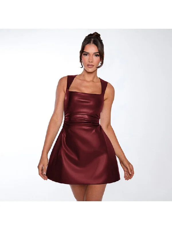 women's cocktail dressesRuched Square Neck PU Sleeveless Mini Dress